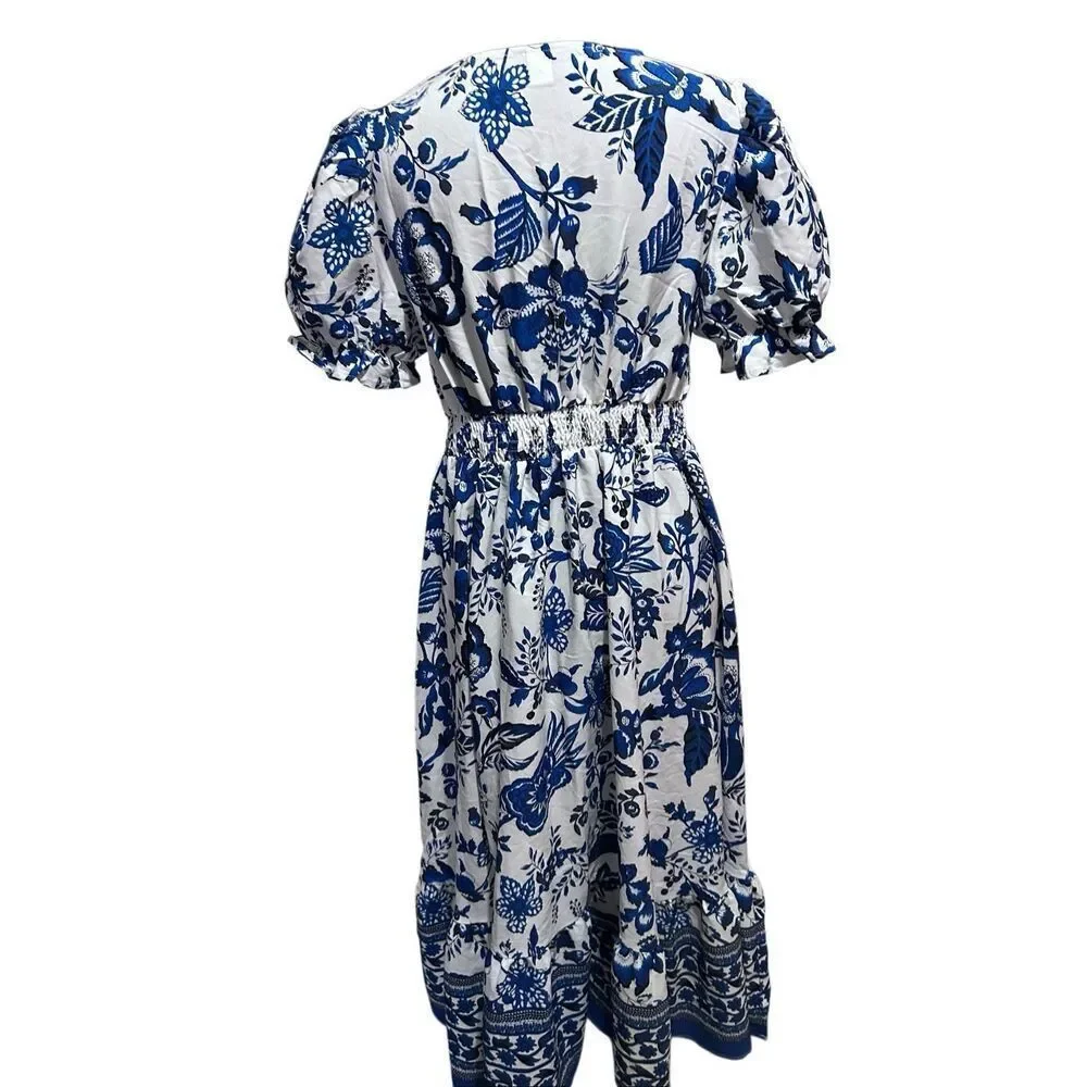 Blue & White Floral Puff Sleeve Flowy Midi Dress Smocked Waist M NWOT - Picture 2 of 13